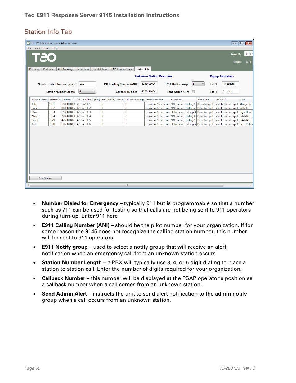 Station info tab | Teo E911 Response System Installation User Manual | Page 50 / 90