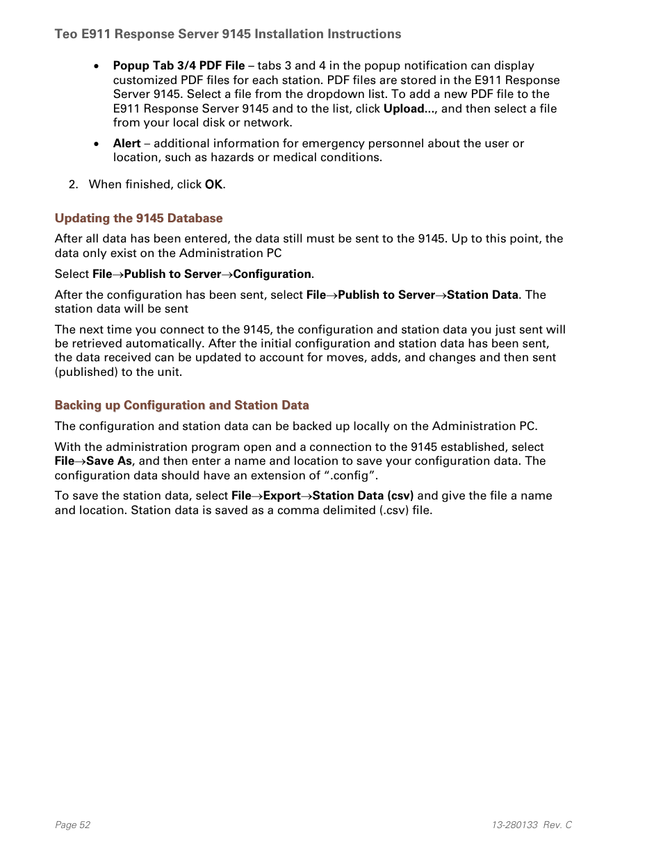 Updating the 9145 database, Backing up configuration and station data | Teo E911 Response System Installation User Manual | Page 52 / 90