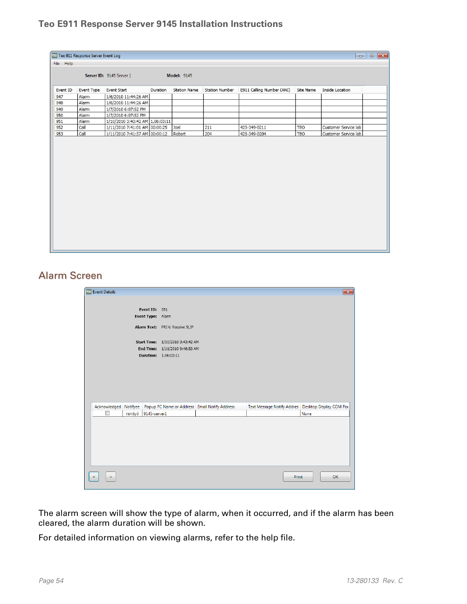 Alarm screen | Teo E911 Response System Installation User Manual | Page 54 / 90
