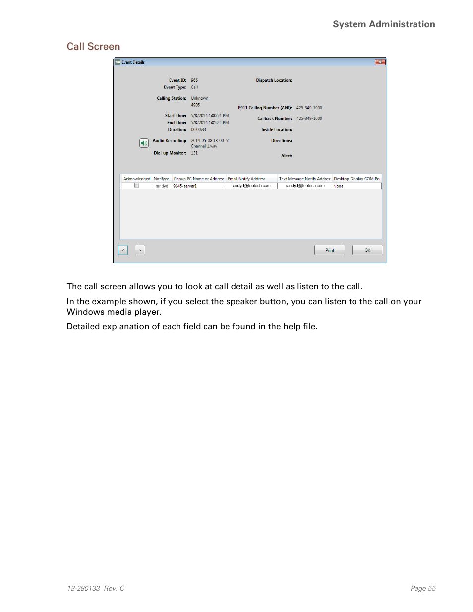 Call screen | Teo E911 Response System Installation User Manual | Page 55 / 90