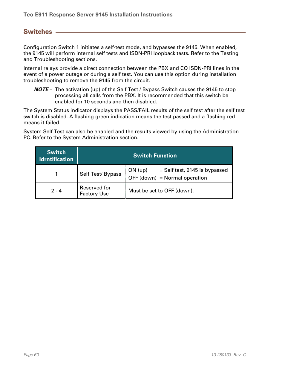 Switches | Teo E911 Response System Installation User Manual | Page 60 / 90