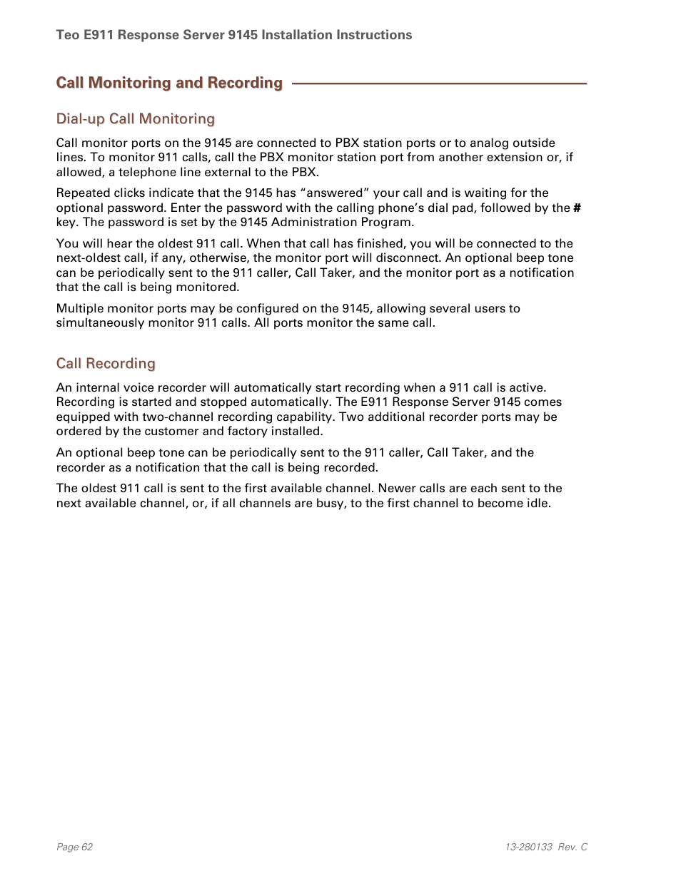Call monitoring and recording, Dial-up call monitoring, Call recording | Teo E911 Response System Installation User Manual | Page 62 / 90