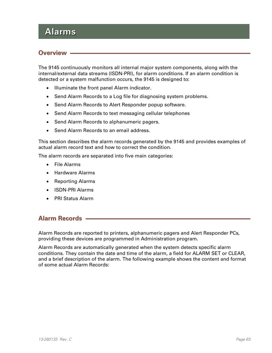 Alarms, Overview, Alarm records | Teo E911 Response System Installation User Manual | Page 63 / 90