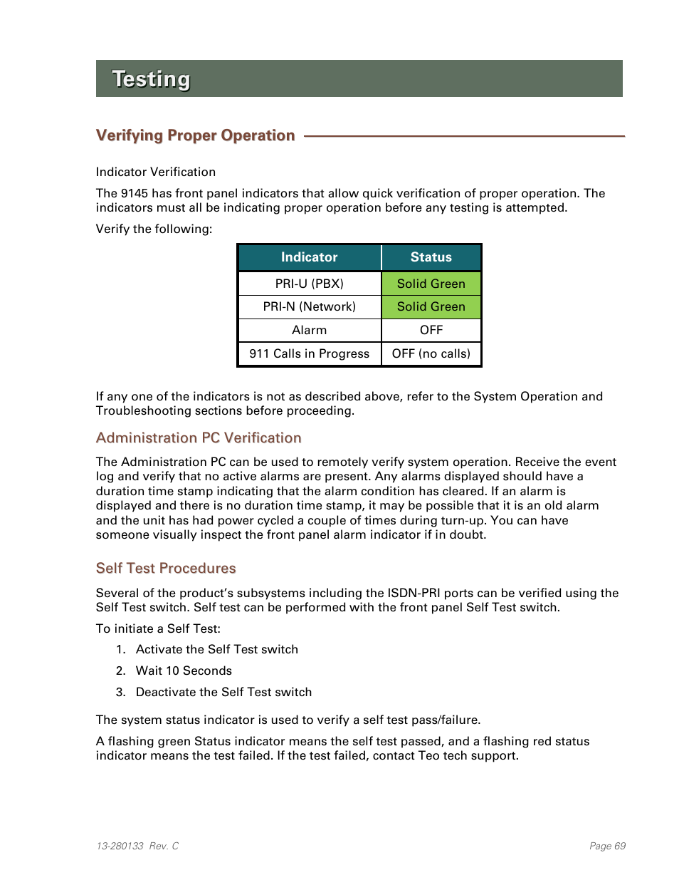 Testing, Verifying proper operation, Administration pc verification | Self test procedures | Teo E911 Response System Installation User Manual | Page 69 / 90