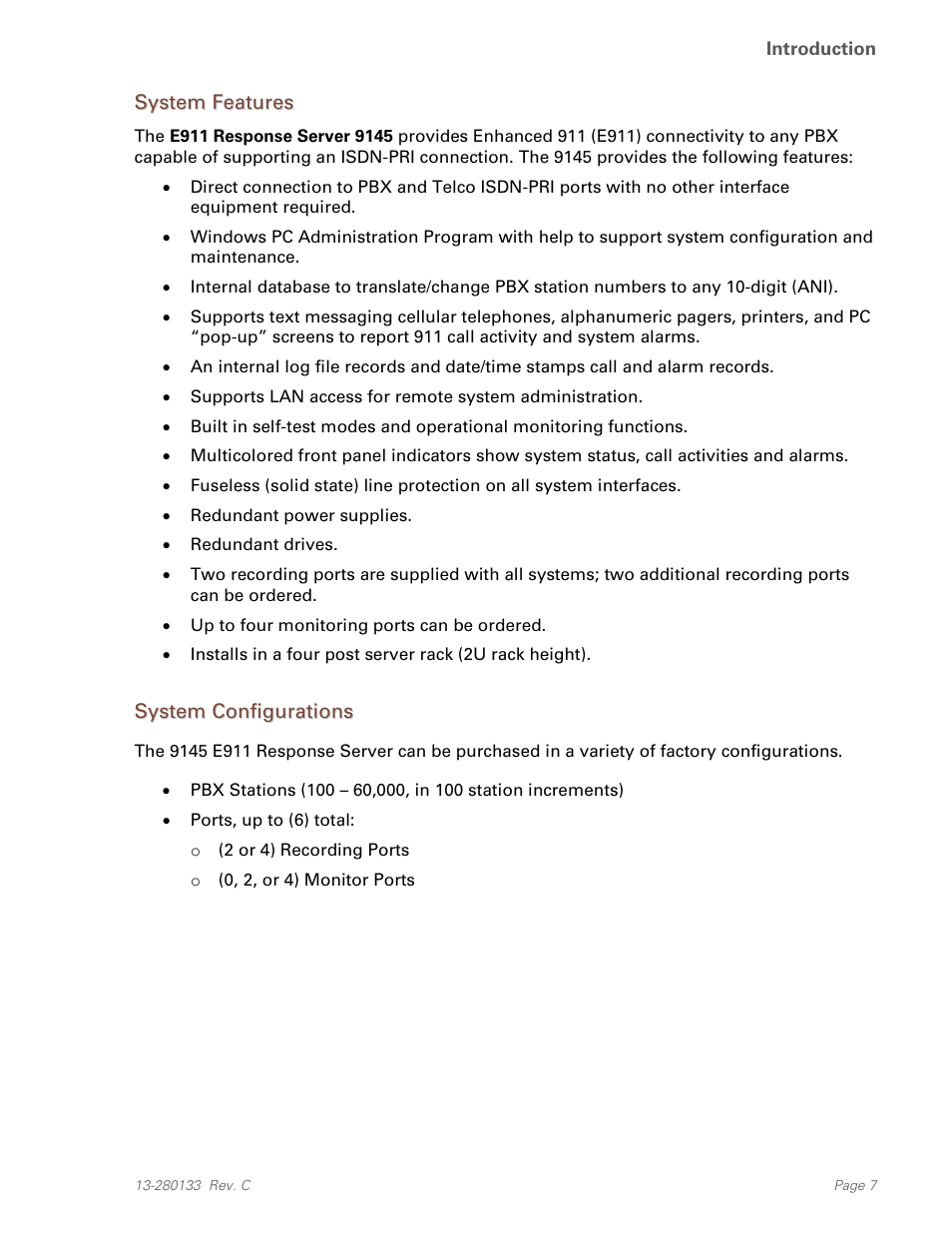 System features, System configurations | Teo E911 Response System Installation User Manual | Page 7 / 90