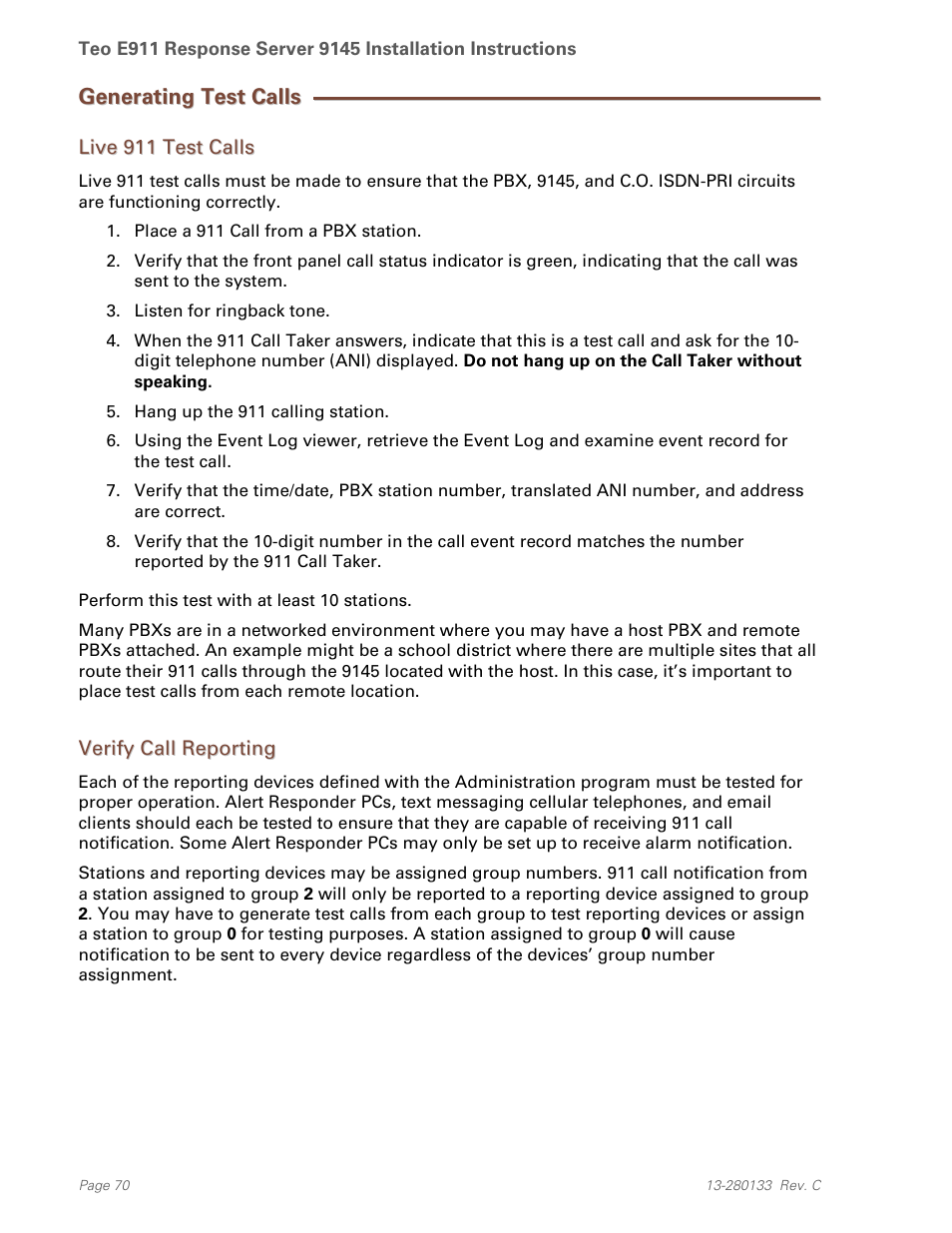 Generating test calls, Live 911 test calls, Verify call reporting | Teo E911 Response System Installation User Manual | Page 70 / 90