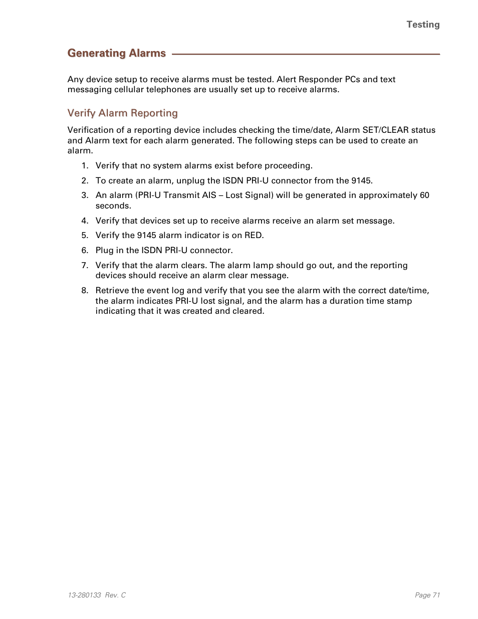 Generating alarms, Verify alarm reporting | Teo E911 Response System Installation User Manual | Page 71 / 90