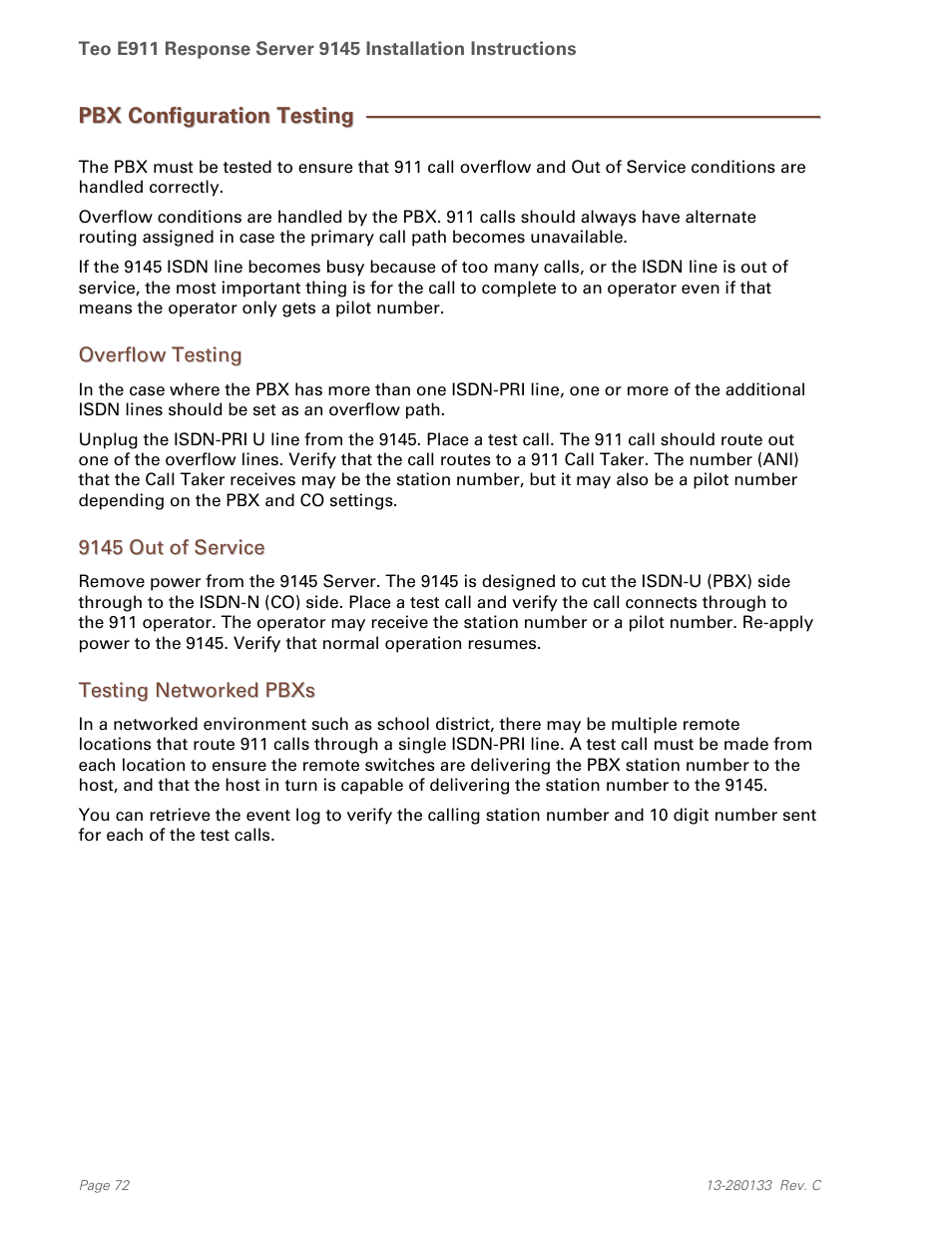 Pbx configuration testing, Overflow testing, 9145 out of service | Testing networked pbxs | Teo E911 Response System Installation User Manual | Page 72 / 90