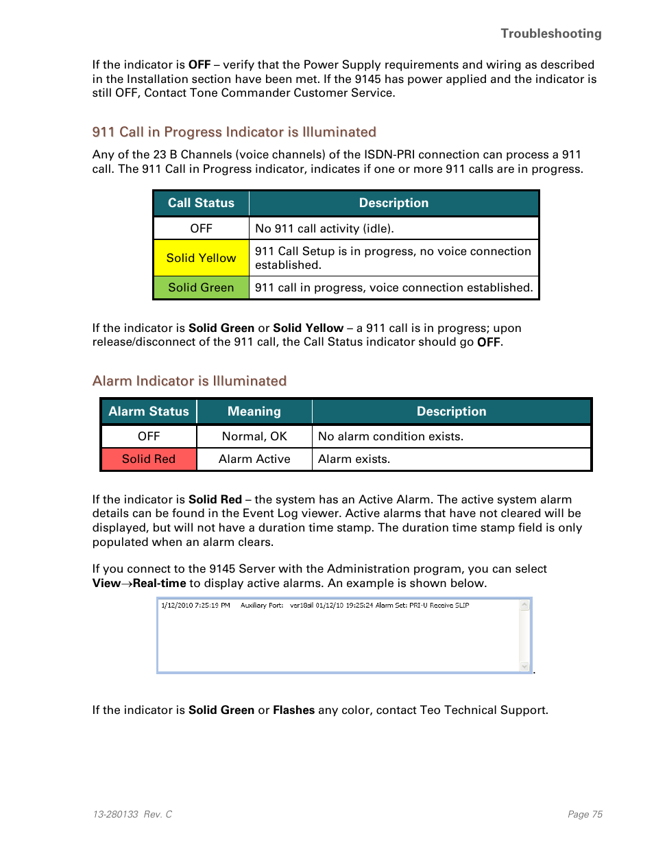 911 call in progress indicator is illuminated, Alarm indicator is illuminated | Teo E911 Response System Installation User Manual | Page 75 / 90