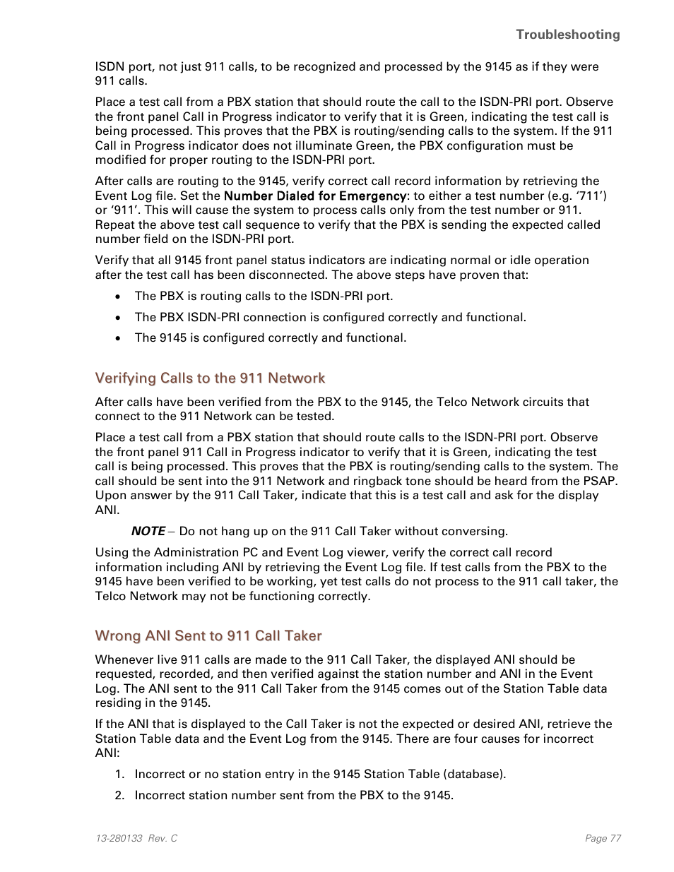 Verifying calls to the 911 network, Wrong ani sent to 911 call taker | Teo E911 Response System Installation User Manual | Page 77 / 90