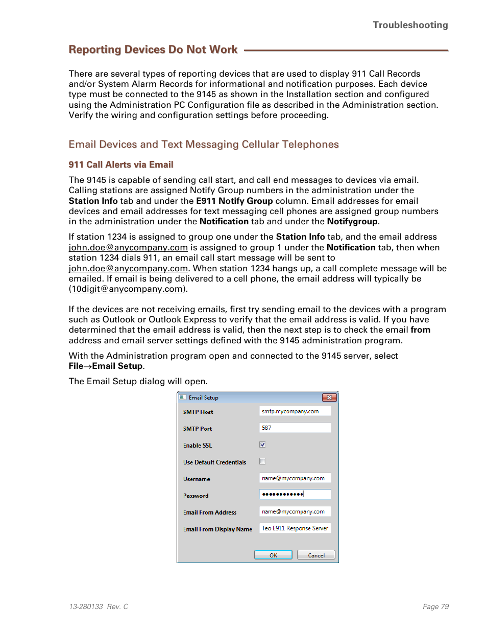 Reporting devices do not work, 911 call alerts via email | Teo E911 Response System Installation User Manual | Page 79 / 90