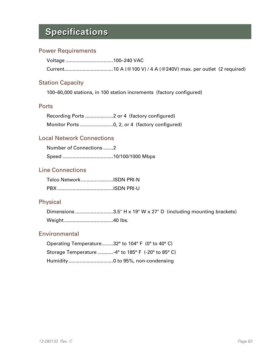 Specifications, Power requirements, Station capacity | Ports, Local network connections, Line connections, Physical, Environmental | Teo E911 Response System Installation User Manual | Page 83 / 90