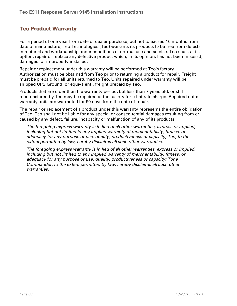 Teo product warranty | Teo E911 Response System Installation User Manual | Page 86 / 90