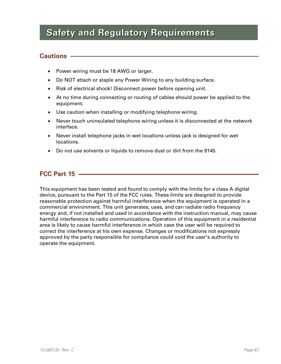 Safety and regulatory requirements, Cautions, Fcc part 15 | Teo E911 Response System Installation User Manual | Page 87 / 90
