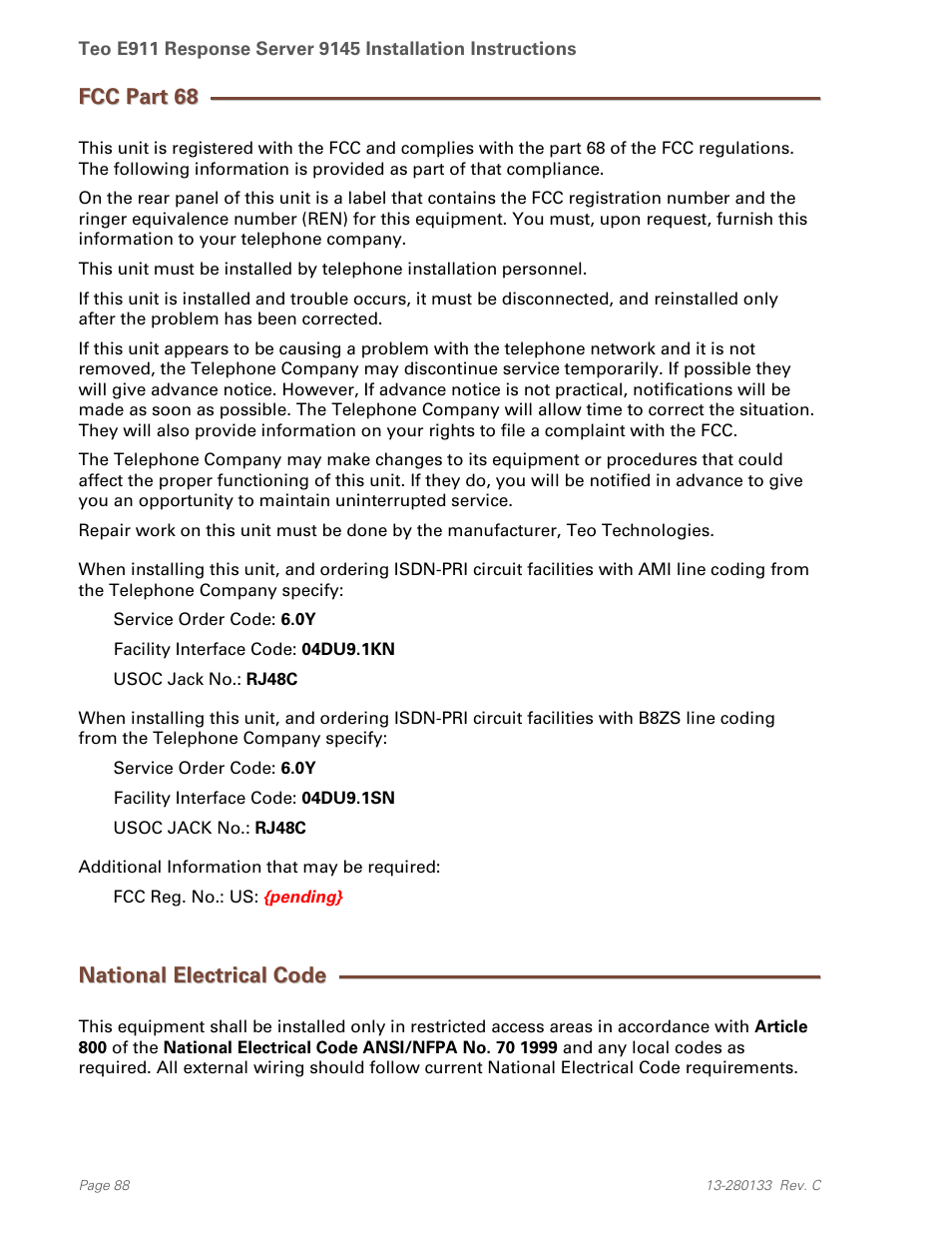 Fcc part 68, National electrical code | Teo E911 Response System Installation User Manual | Page 88 / 90