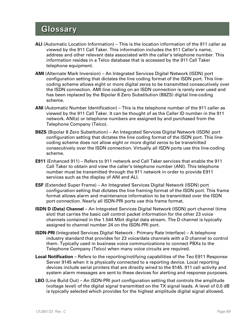 Glossary | Teo E911 Response System Installation User Manual | Page 89 / 90