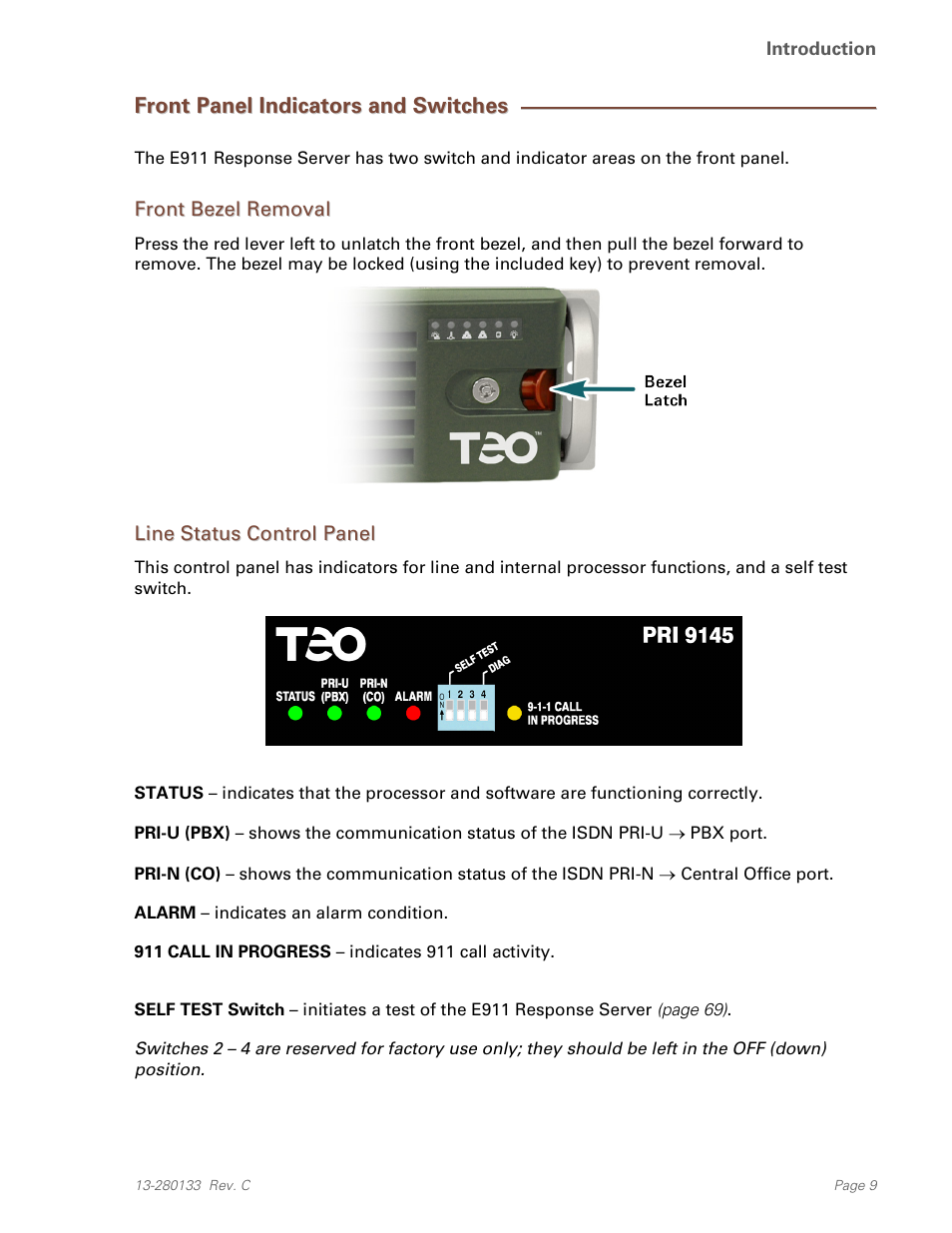 Front panel indicators and switches, Front bezel removal, Line status control panel | Teo E911 Response System Installation User Manual | Page 9 / 90