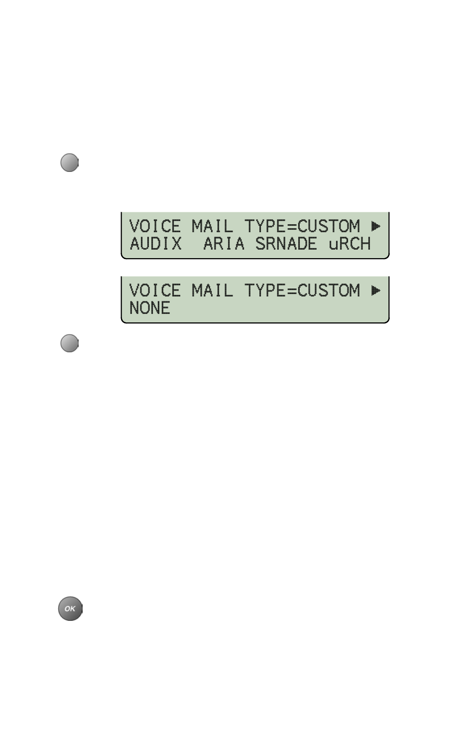 Voice mail menu keys, Voice mail type=custom > audix aria srnade urch, Voice mail type=custom > none | Teo 8810 ISDN Phone User Manual | Page 39 / 64