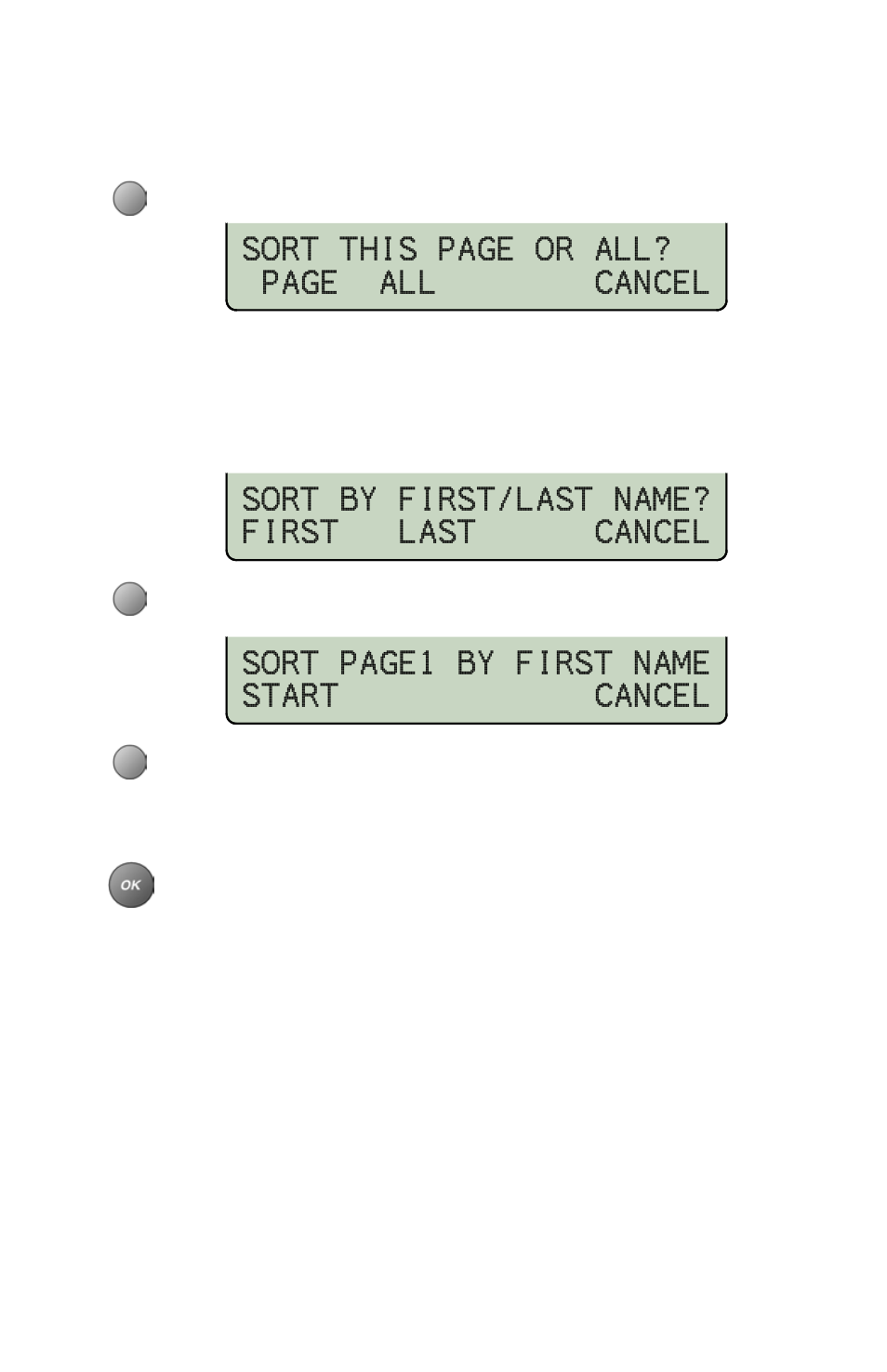 Sorting directory entries, Sort this page or all? page all cancel, Sort by first/last name? first last cancel | Sort page1 by first name start cancel | Teo 8810 ISDN Phone User Manual | Page 47 / 64