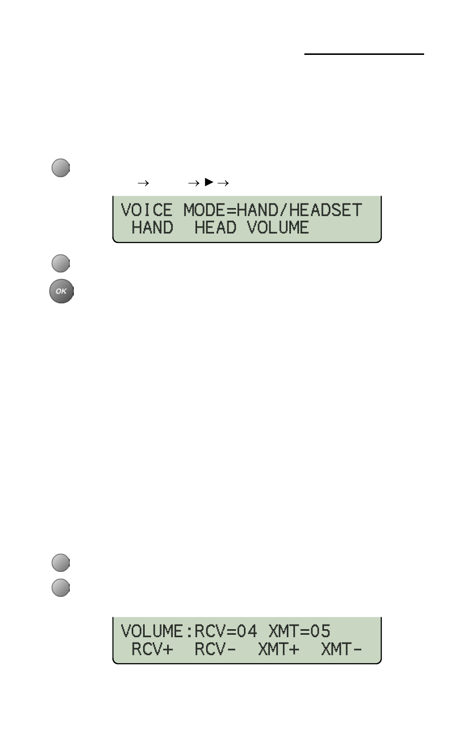 Handset/headset configuration, Handset/headset mode, Preset volume levels | Voice mode=hand/headset hand head volume, Volume:rcv=04 xmt=05 rcv+ rcv- xmt+ xmt | Teo 8810 ISDN Phone User Manual | Page 52 / 64