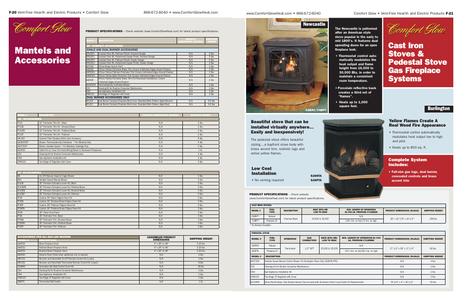 Mantels and accessories, Burlington, Newcastle | Low cost installation, Complete system includes, Yellow flames create a real wood fire appearance | Desa Tech Vent-Free Gas and Electric Hearth User Manual | Page 11 / 13