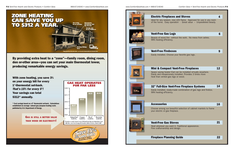 Fireplace planning guide 22, Vent-free gas stoves 21 accessories 16 | Desa Tech Vent-Free Gas and Electric Hearth User Manual | Page 2 / 13