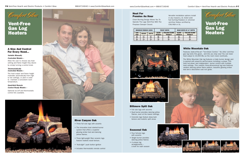 Vent-free gas log heaters, A size and control for every need, River canyon oak | White mountain oak, Heat for pennies an hour, Biltmore split oak, Seasonal oak | Desa Tech Vent-Free Gas and Electric Hearth User Manual | Page 4 / 13