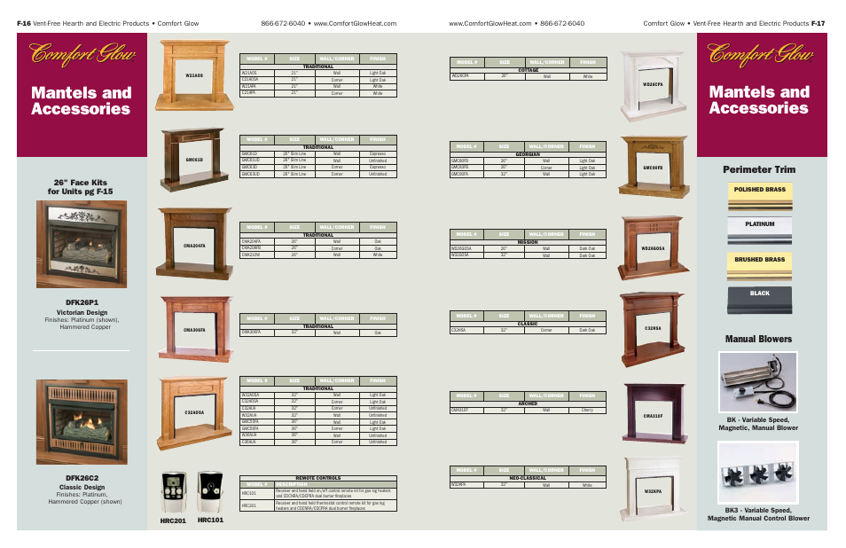 Mantels and accessories, Perimeter trim, Manual blowers | 26" face kits for units pg f-15, Dfk26c2, Dfk26p1, Classic design, Victorian design | Desa Tech Vent-Free Gas and Electric Hearth User Manual | Page 9 / 13