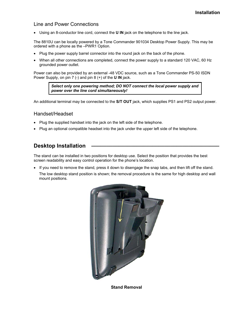 Desktop installation, Line and power connections, Handset/headset | Teo 8810 ISDN Phone Installation User Manual | Page 13 / 58