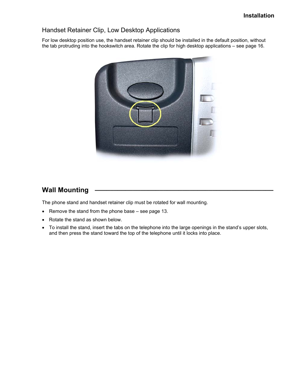 Wall mounting, Handset retainer clip, low desktop applications | Teo 8810 ISDN Phone Installation User Manual | Page 15 / 58