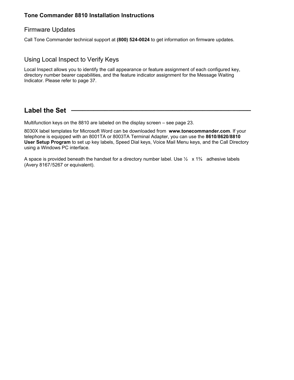 Label the set, Firmware updates, Using local inspect to verify keys | Teo 8810 ISDN Phone Installation User Manual | Page 18 / 58