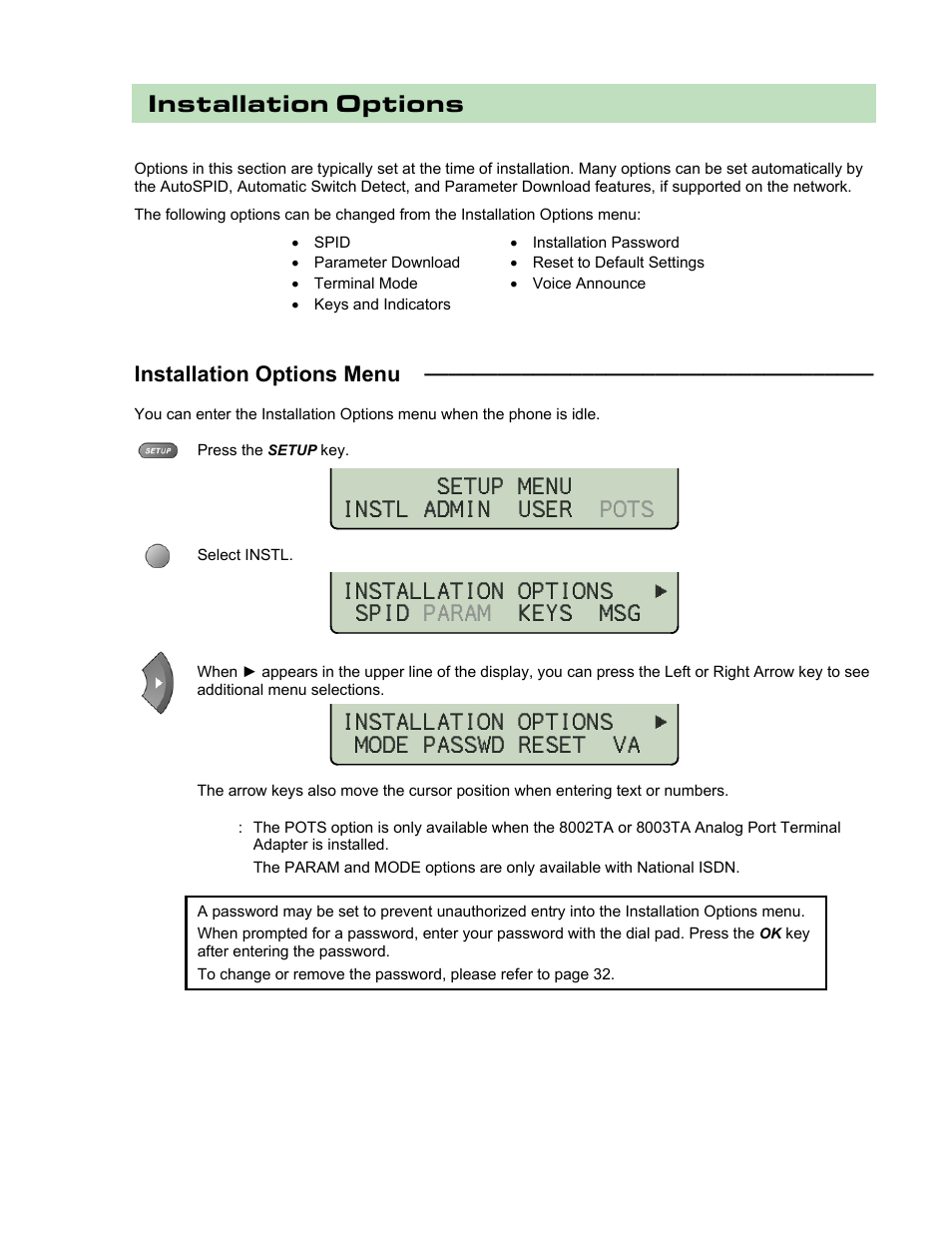 Installation options, Installation options menu | Teo 8810 ISDN Phone Installation User Manual | Page 19 / 58