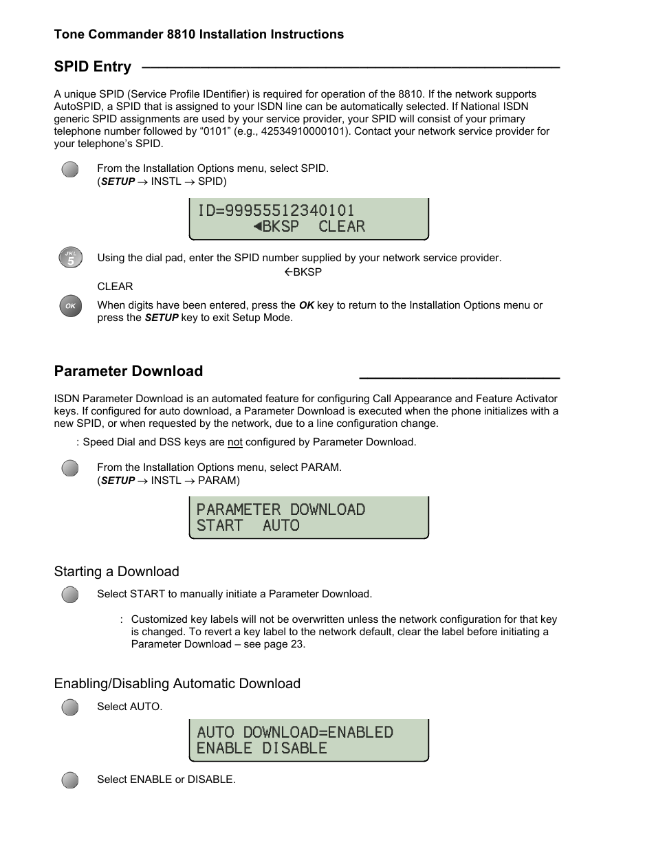 Spid entry, Parameter download (national isdn only), Starting a download | Enabling/disabling automatic download | Teo 8810 ISDN Phone Installation User Manual | Page 20 / 58