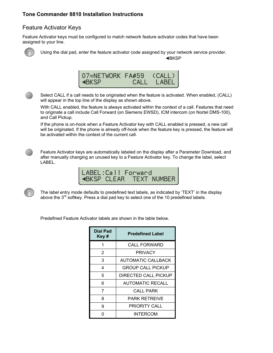 Feature activator keys | Teo 8810 ISDN Phone Installation User Manual | Page 24 / 58
