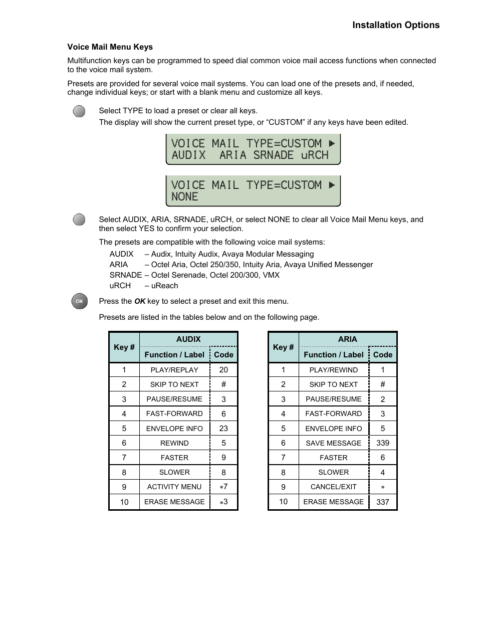 Voice mail type=custom > audix aria srnade urch, Voice mail type=custom > none | Teo 8810 ISDN Phone Installation User Manual | Page 29 / 58