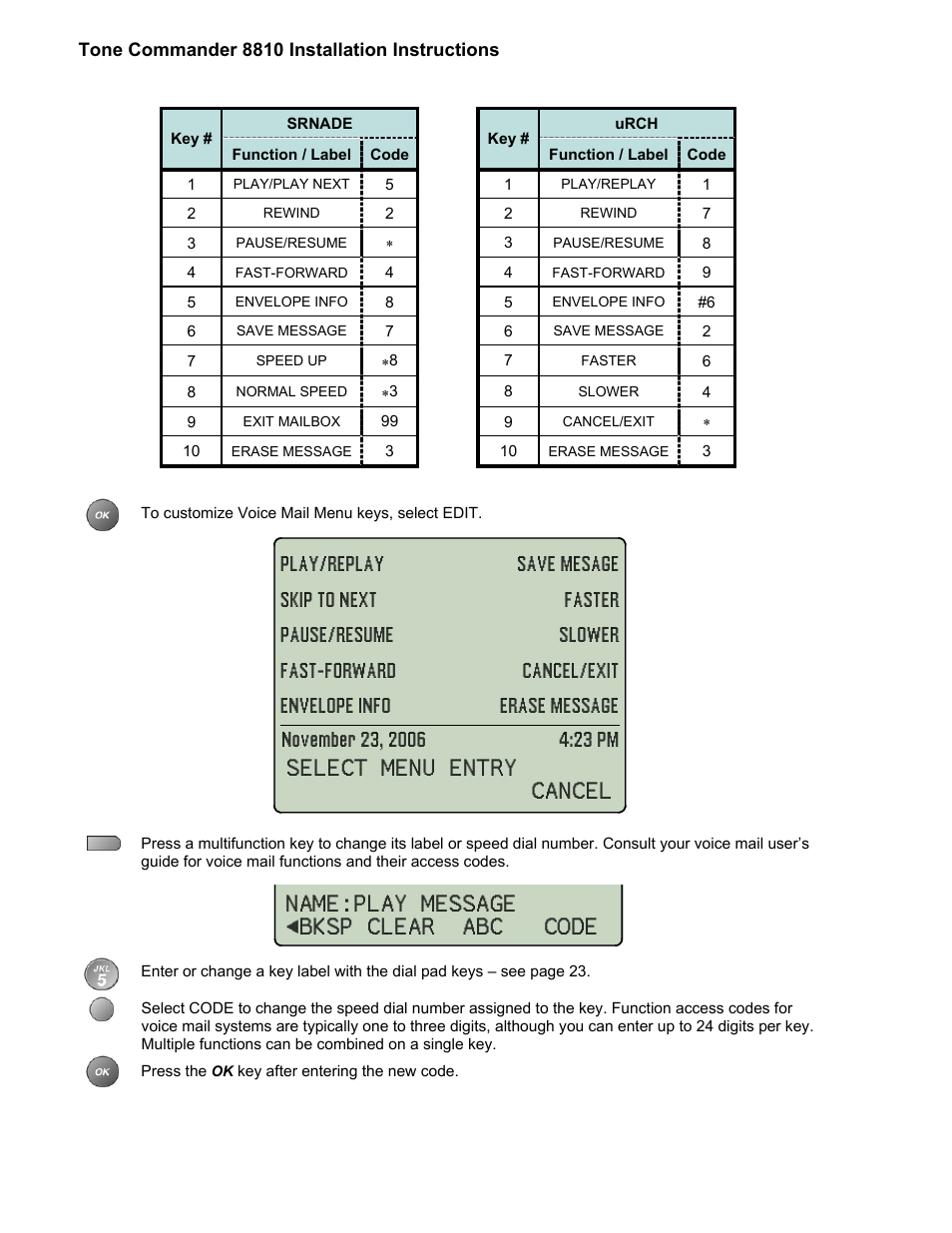 Name:play message <bksp clear abc code, Select menu entry cancel | Teo 8810 ISDN Phone Installation User Manual | Page 30 / 58