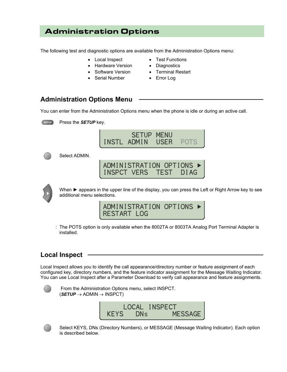 Administration options, Administration options menu, Local inspect | Teo 8810 ISDN Phone Installation User Manual | Page 37 / 58