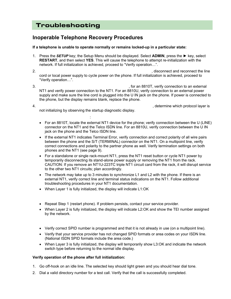 Troubleshooting, Inoperable telephone recovery procedures | Teo 8810 ISDN Phone Installation User Manual | Page 45 / 58