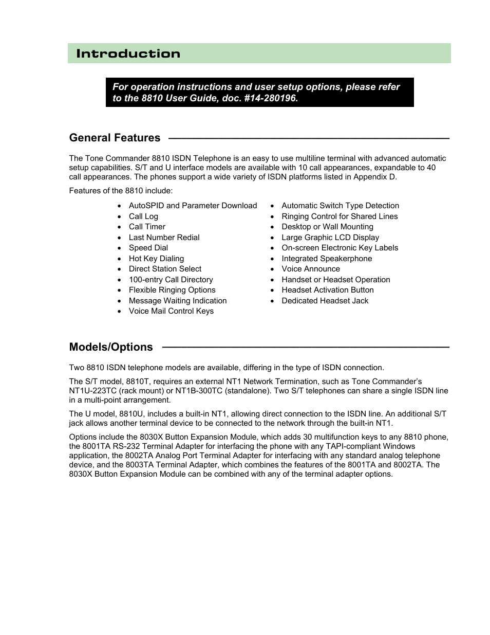 Introduction, General features, Models/options | Teo 8810 ISDN Phone Installation User Manual | Page 5 / 58