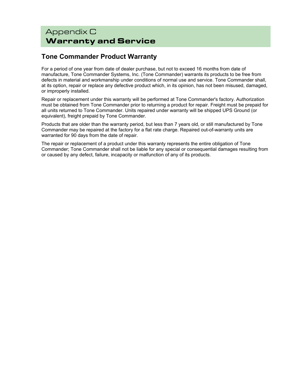 Appendix c warranty and service, Tone commander product warranty | Teo 8810 ISDN Phone Installation User Manual | Page 53 / 58