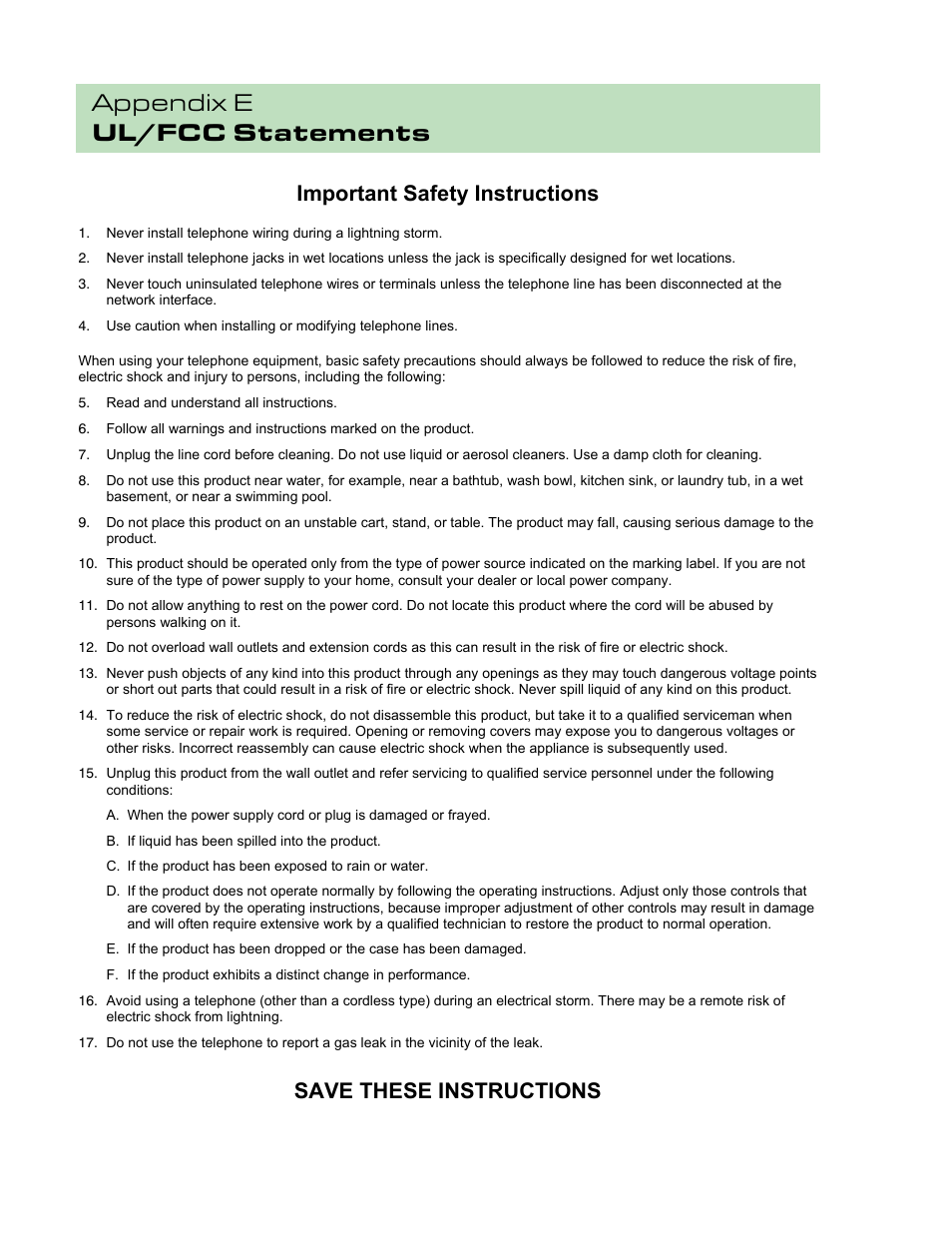 Appendix e ul/fcc statements, Important safety instructions, Save these instructions | Teo 8810 ISDN Phone Installation User Manual | Page 56 / 58