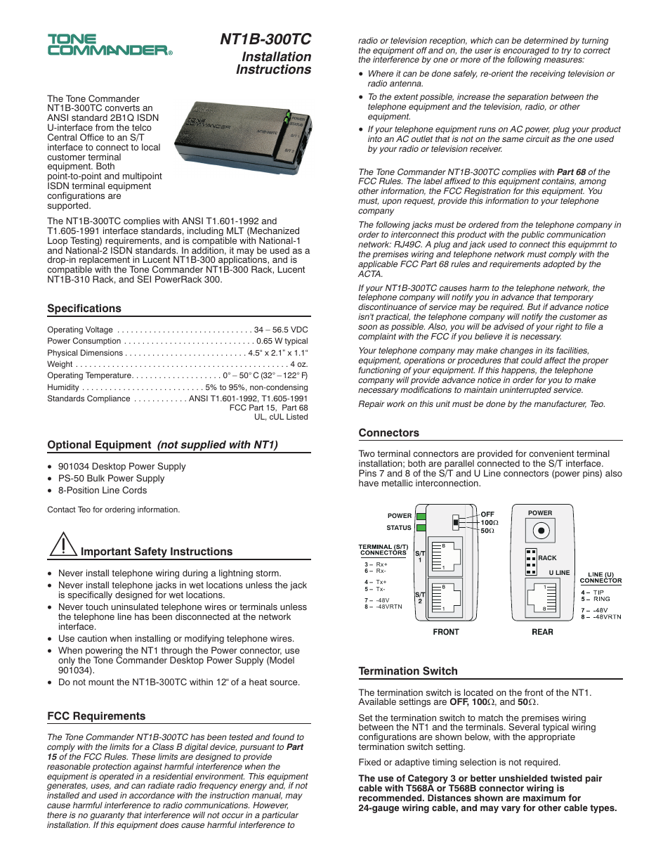 Teo NT1B-300TC User Manual | 2 pages