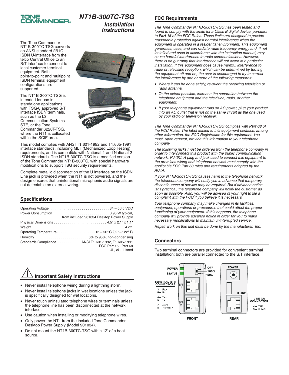 Teo NT1B-300TC-TSG User Manual | 2 pages