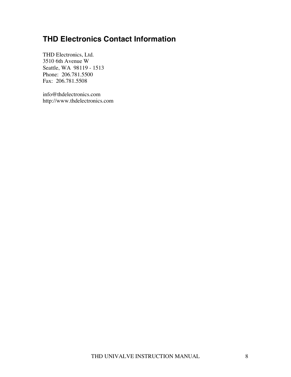 Thd electronics contact information | THD Electronics UniValve User Manual | Page 8 / 8