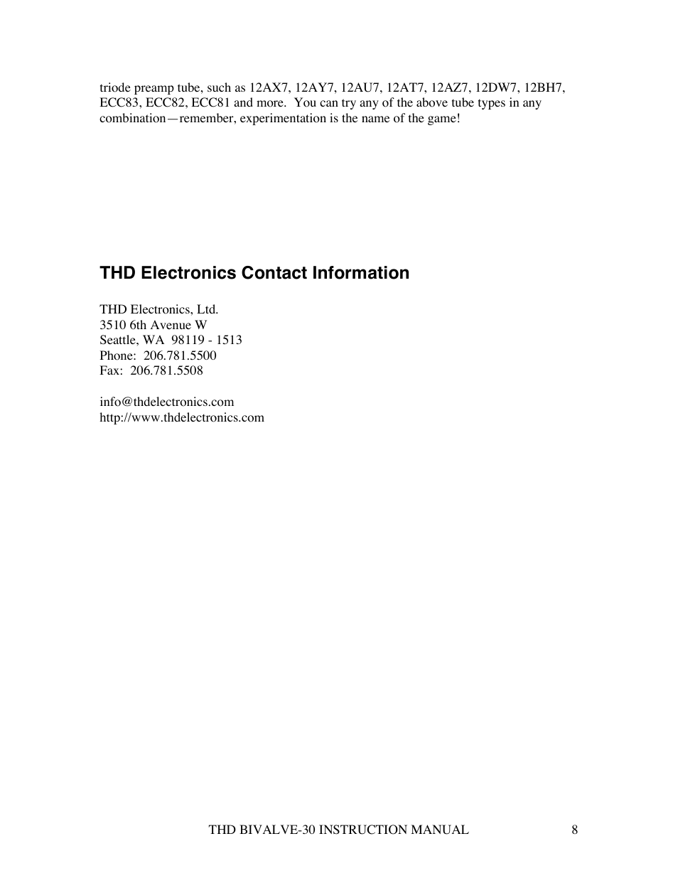Thd electronics contact information | THD Electronics BiValve-30 User Manual | Page 8 / 8