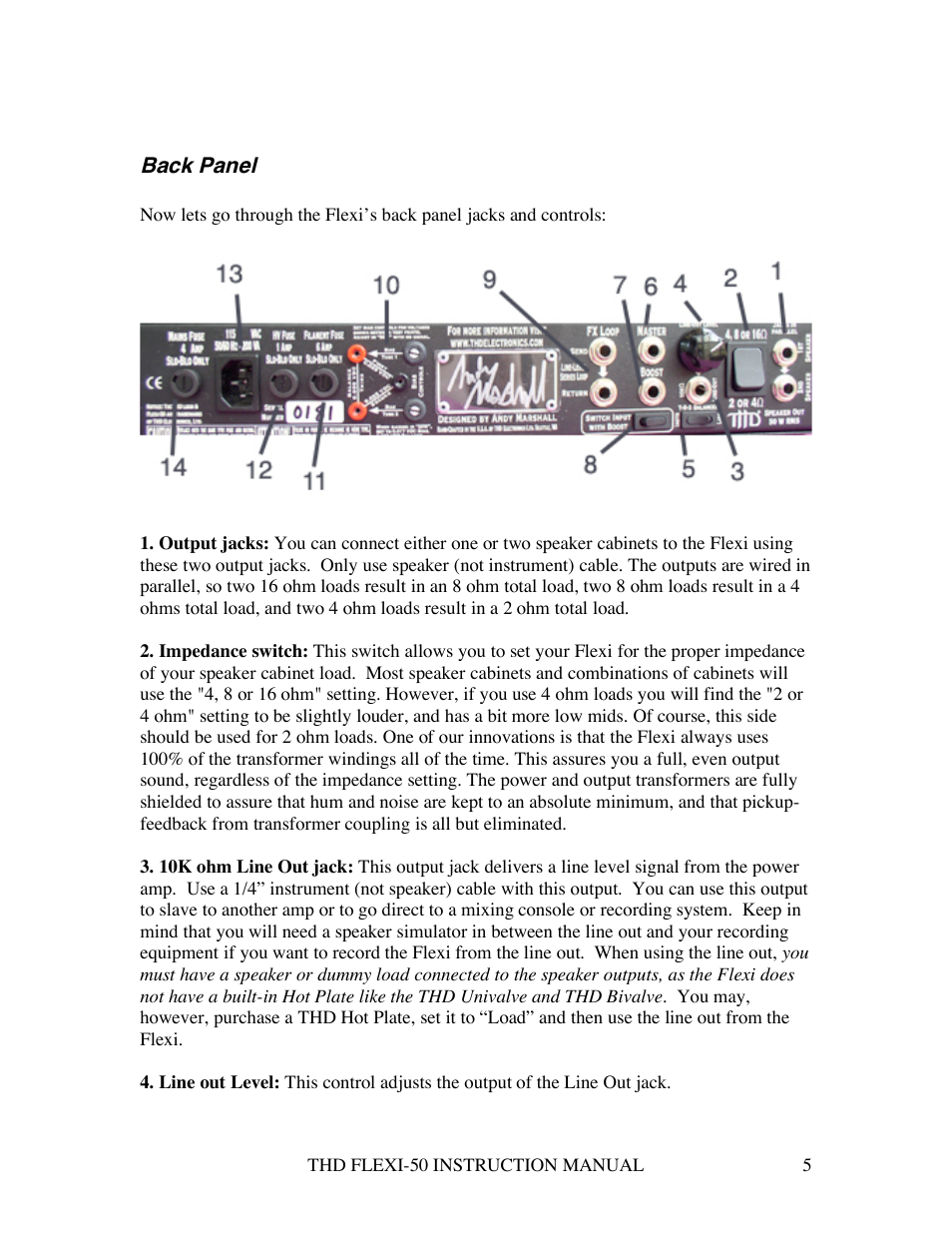 Back panel | THD Electronics Flexi-50 User Manual | Page 5 / 11