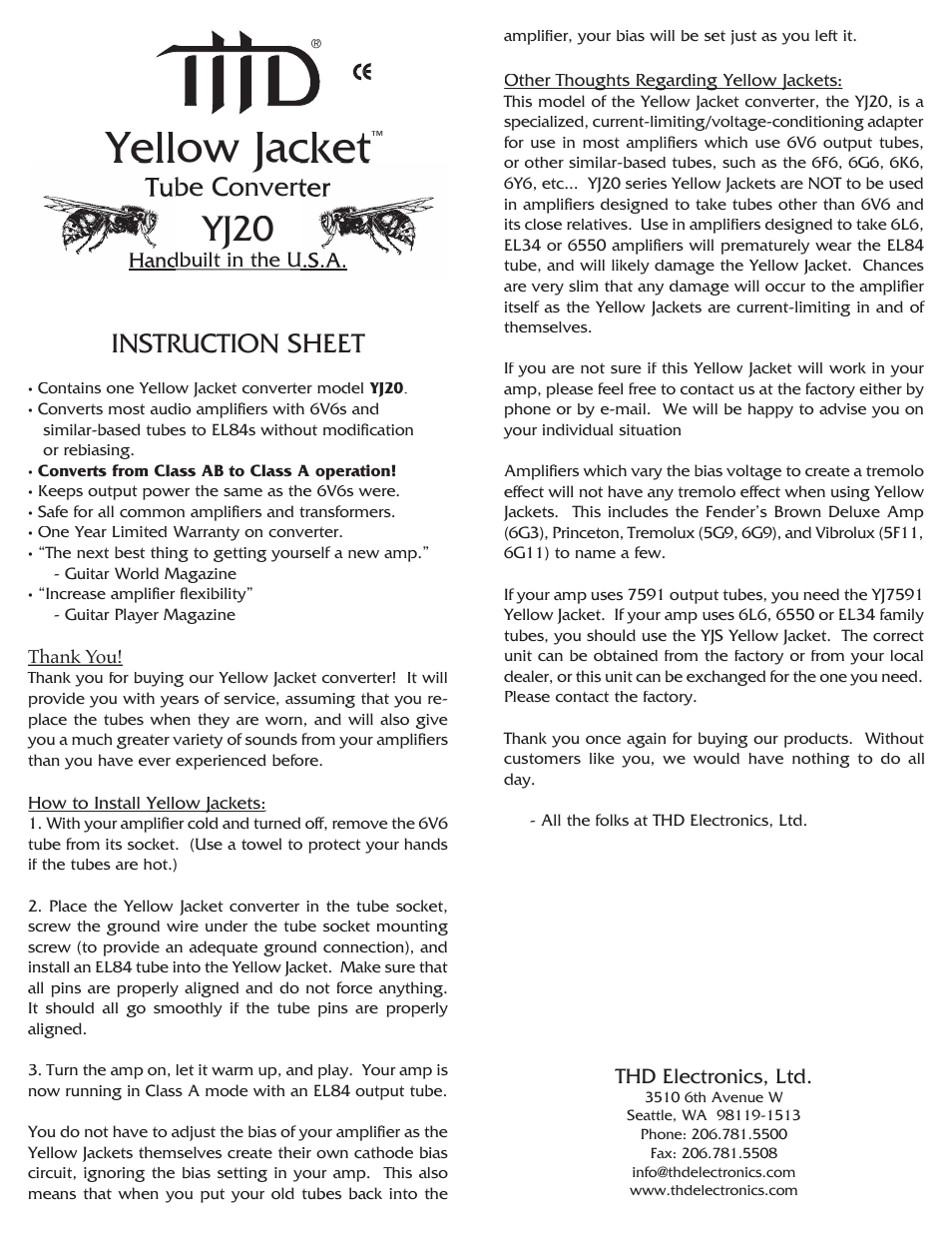 THD Electronics YJ20 User Manual | 1 page
