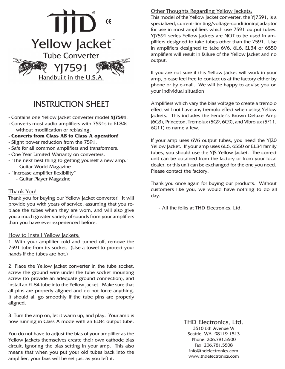 THD Electronics YJ7591 User Manual | 1 page