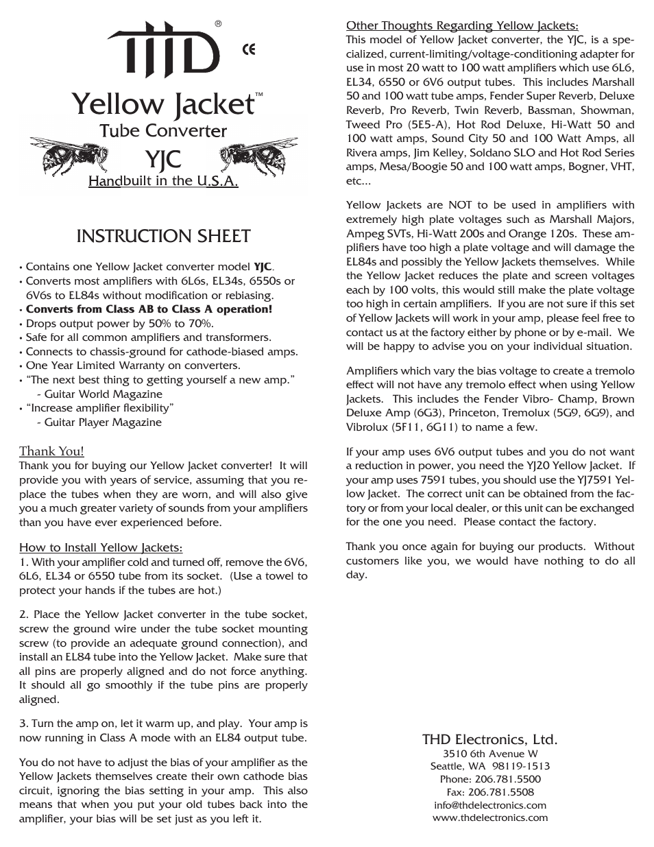 THD Electronics YJC User Manual | 1 page