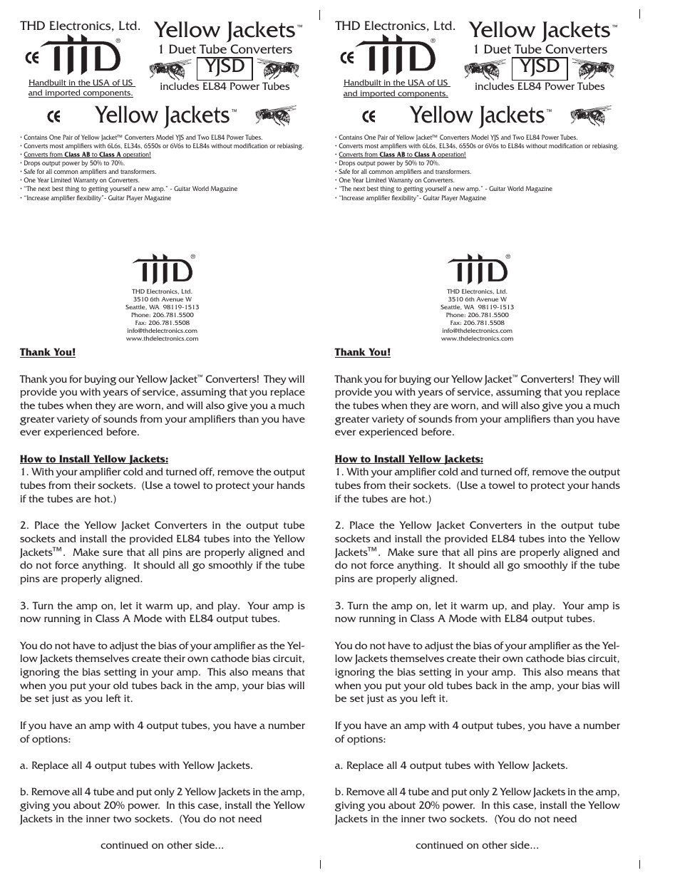 THD Electronics YJSD User Manual | 2 pages